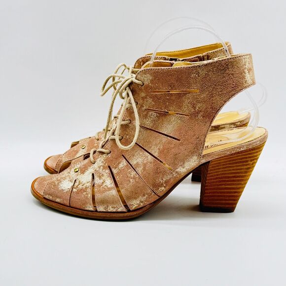 Paul Green Shoes Womens 7.5 Gold Leather Causal Cage Lace Up Open Toe Sandals - Picture 4 of 12